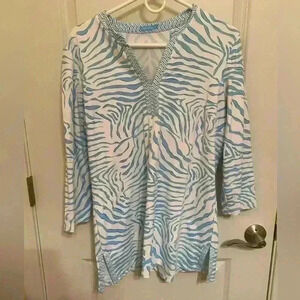 JMcLaughlin Blue Zebra Print Top size Large